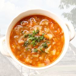 Dash n' Dine - Aztec Soup - Fire Roasted Poblano Chiles, Onions, Corn, Queso Fresco Cheese. From the land of the Aztecas!