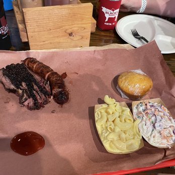 Terry Black's Barbecue - 1/2 lb brisket, sausage, Mac and cheese, coleslaw, cornbread. Plenty for 2 on this tray! - Barbeque Near Me - Austin, Texas
