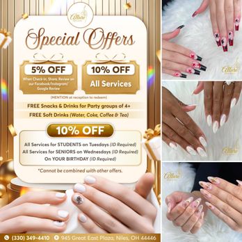 Allure Nails Spa - Enjoy 5% OFF when you check-in, Share, Review on our Facebook or Instagram or Google Review (MENTION it at the reception to redeem). - Nail Salons Near Me - Niles, Ohio Allure Nails Spa - Enjoy 5% OFF when you check-in, Share, Review on our Facebook or Instagram or Google Review (MENTION it at the reception to redeem). - Nail Salons Near Me - Niles, Ohio