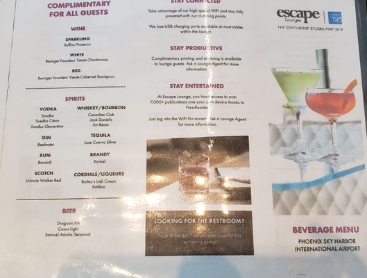 Menu photo 7 Escape Lounges - The Centurion Studio Partner PHX Terminal 3 Phoenix, AZ