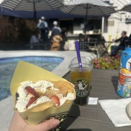 strawberry chocolate crepe with banana and passion fruit boba