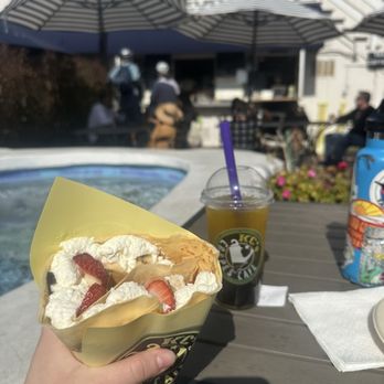 KC's Crepes Cafe - strawberry chocolate crepe with banana and passion fruit boba - Cafes Near Me - Marina Del Ray, California