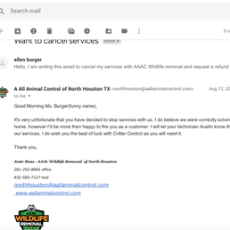 The response from the owner of AAAC wildlife removal. Haha they fired me as a customer!!!