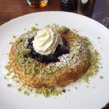 Blue Duck Tavern - Pancake with poppy seeds, blueberry compote, whipped cream and bay leaf crumbles - New American Near Me - Washington, DC, District of Columbia