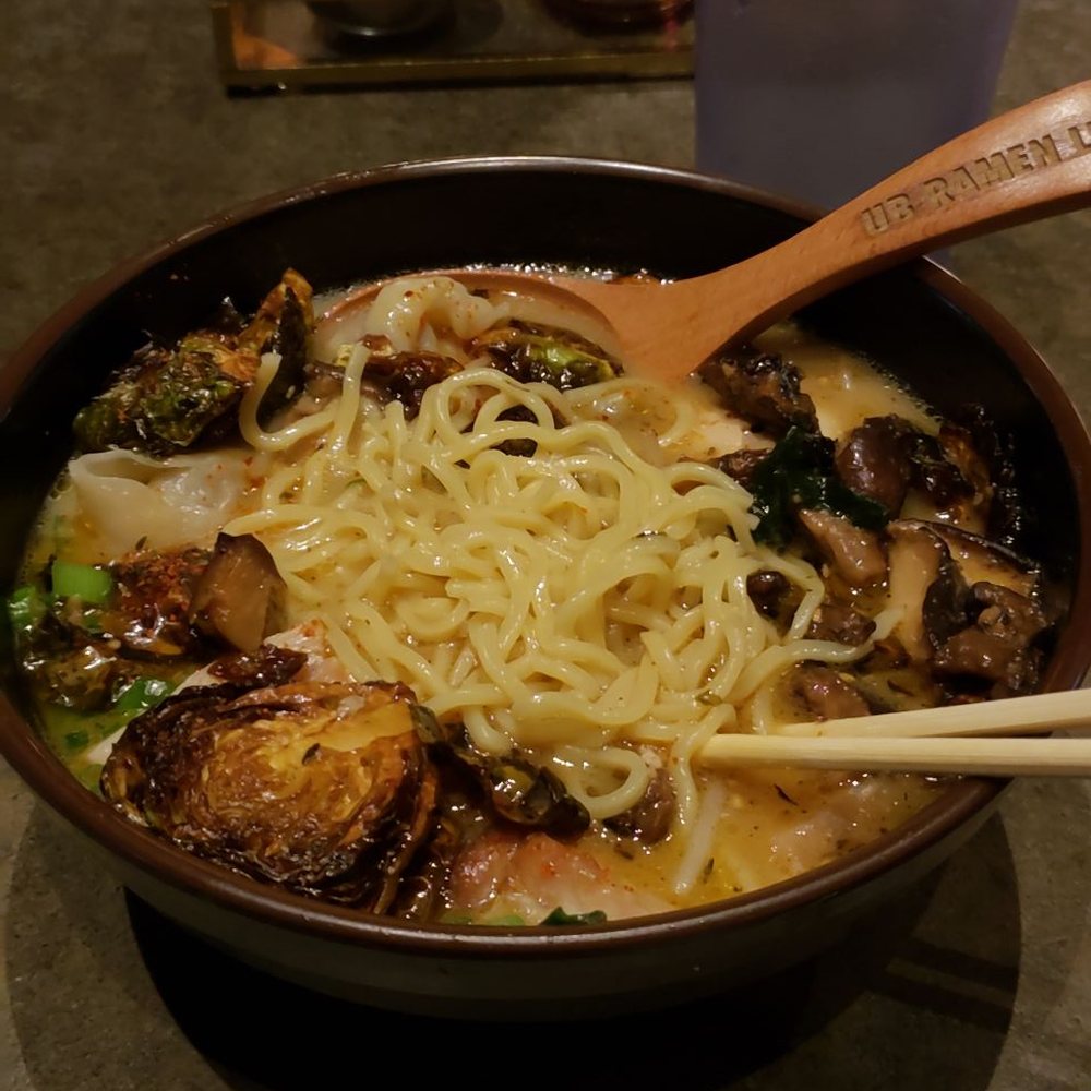 Underbelly - Adding veggies (charred Brussels & sauteed mushrooms) is a MUST! - Ramen Near Me - San Diego, California Underbelly - Adding veggies (charred Brussels & sauteed mushrooms) is a MUST! - Ramen Near Me - San Diego, California