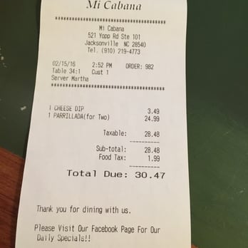 Mi Cabana Mexican Restaurant 2 - Ticket - Mexican Near Me - Jacksonville, North Carolina