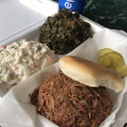 Fall Off The Bone BBQ & Soul Food - Pulled pork, greens, and coleslaw for the lunch platter.