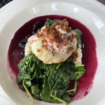David's Restaurant - Baked Haddock with Crab - risotto / spinach / potato crust / Maine blueberry and lavender gastrique - New American Near Me - Portland, Maine