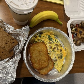 Elim Deli Cafe - omelette + mushroom-peppers-onions from buffet + wheat toast + Premium Coffee + banana - Delis Near Me - New York, New York Elim Deli Cafe - omelette + mushroom-peppers-onions from buffet + wheat toast + Premium Coffee + banana - Delis Near Me - New York, New York