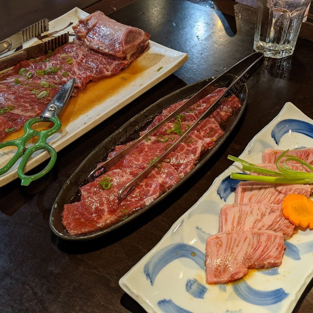 Left to right: Hone kalbi, kalbi (Japanese style), Japanese Wagyu rib eye Left to right: Hone kalbi, kalbi (Japanese style), Japanese Wagyu rib eye
