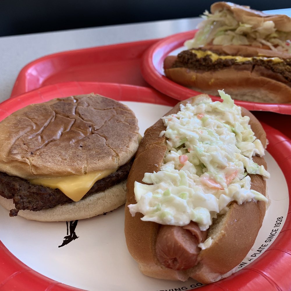 The Varsity - Slaw dog and cheeseburger - Fast Food Near Me - Norcross, Georgia