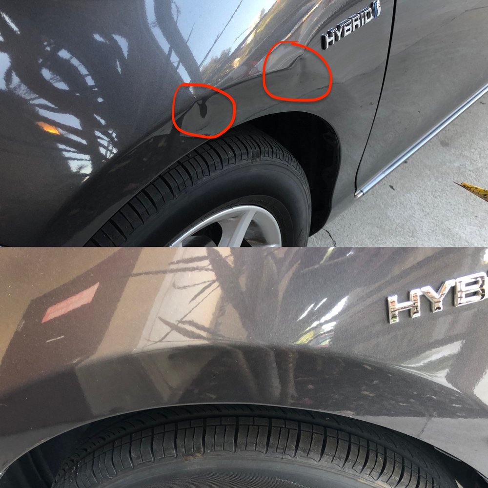 Before and after paintless dent removal - back to a nice crisp edge! Before and after paintless dent removal - back to a nice crisp edge!