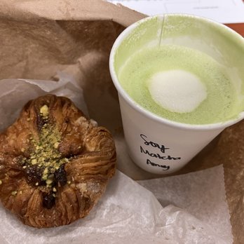 The Coffee Bar - Honey pistachio kougin aman (left), soy matcha latte (right) - Coffee & Tea Near Me - Washington, DC, District of Columbia