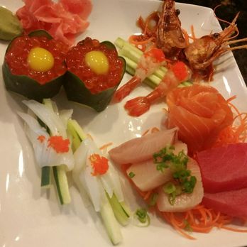 Nami Sushi - Tuna, salmon, yellowtail sashimi w/ ikura & quail eggs, Squid and SWEET SHRIMP SO DELICIOUS - Sushi Bars Near Me - Miramar, Florida