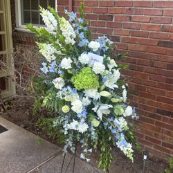 In Bloom Flowers - White and Blue Funeral Spray Arrangement