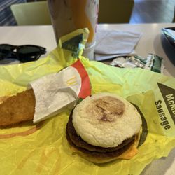 McDonald's - Sausage McMuffin with Hash Brown and Iced Coffee