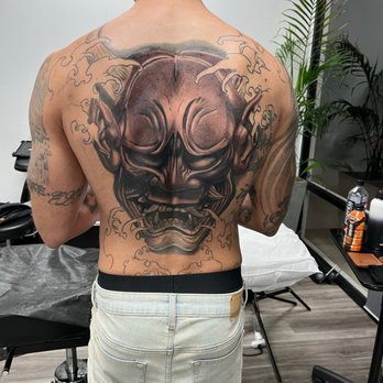 Iconiq Tattoo Studio - Full Back Hannaya mask - Tattoo Near Me - Fontana, California Iconiq Tattoo Studio - Full Back Hannaya mask - Tattoo Near Me - Fontana, California