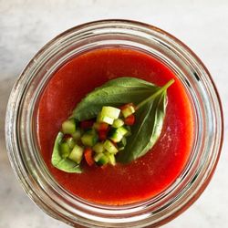 The Cupboard - Summer gazpacho! Made with Dirty Girl Farm early girl tomatoes, cucumber, and shallot.