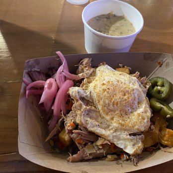 Lucius Q - Pulled pork hash with queso on the side. (Brunch menu) - Barbeque Near Me - Cincinnati, Ohio Lucius Q - Pulled pork hash with queso on the side. (Brunch menu) - Barbeque Near Me - Cincinnati, Ohio