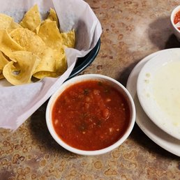 Chips, salsa, and cheese dip (although we had already eaten most of the chips so this basket was full)