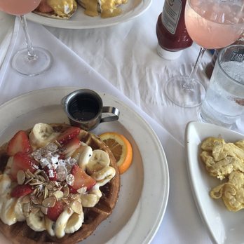 Caffe Luna Rosa - Cannelloni cream waffle w bananas & strawberries w / side of scrambled eggs. - Italian Near Me - Delray Beach, Florida