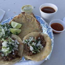 Birria El Jaliciense - Quesobirria, two birria tacos, and a sample of the consome