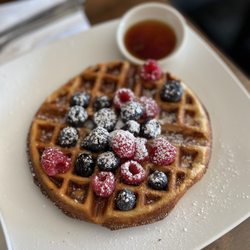 La Terraza Cafe - Mixed berry Waffle w/ 2 Fried Eggs and Bacon