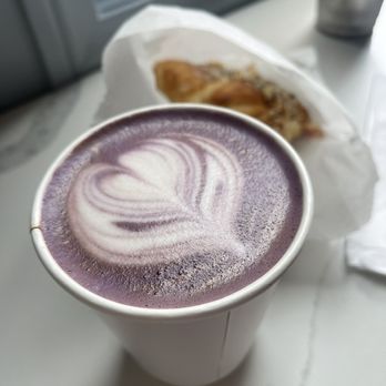 Republik Coffee Burbank - Purple Carmel latte with Ham & Cheese Croissant. - Cafes Near Me - Burbank, California