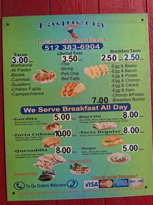 Menu photo 1 Taqueria La Libertad Austin, TX