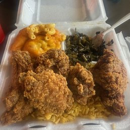 Mac and cheese, fried chicken and collard greens Mac and cheese, fried chicken and collard greens