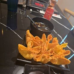 Crab rangoon, onion soup and ramune
