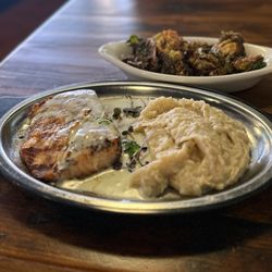 The Brick Tavern - Salmon, mashed potatoes, brussel sprouts.