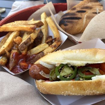 Wursthaus - Spicy Polish dog with onions and jalapeno, with fresh-cut Belgian fries. Yum! - Pubs Near Me - Santa Ana, California Wursthaus - Spicy Polish dog with onions and jalapeno, with fresh-cut Belgian fries. Yum! - Pubs Near Me - Santa Ana, California