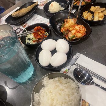 BCD Tofu House - 3/2025 banchan, stone pot steamed white rice, eggs for the soondoobu - Korean Near Me - Irvine, California BCD Tofu House - 3/2025 banchan, stone pot steamed white rice, eggs for the soondoobu - Korean Near Me - Irvine, California