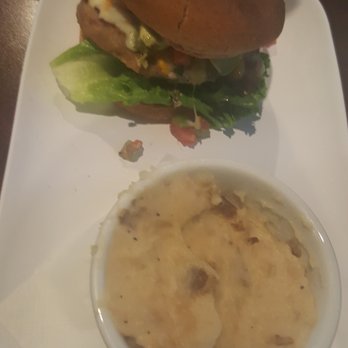 Eastside Bistro - Turkey Burger-Pico de gallo, cheddar jack cheese, Cajun ranch and avocado served on a wheat kaiser with mashed potato side - New American Near Me - Orlando, Florida Eastside Bistro - Turkey Burger-Pico de gallo, cheddar jack cheese, Cajun ranch and avocado served on a wheat kaiser with mashed potato side - New American Near Me - Orlando, Florida