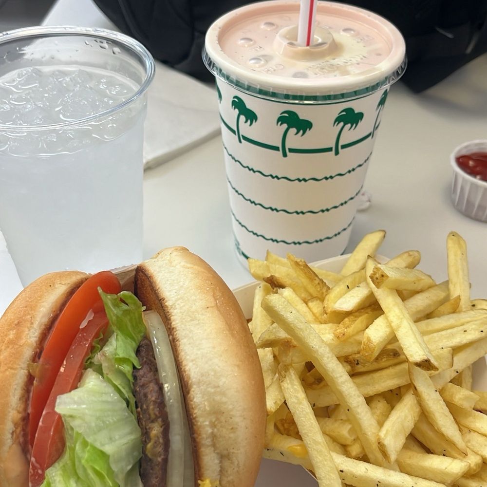 Burger, fries and Neapolitan milkshake Burger, fries and Neapolitan milkshake
