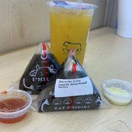 Combo 2: Spicy Pork Belly Kimchi Riceball, Shrimp Tempura Riceball and fresh mango green tea. Combo 2: Spicy Pork Belly Kimchi Riceball, Shrimp Tempura Riceball and fresh mango green tea.