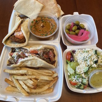 Hummus Cafe - Gyro Sandwich, Falafel Sandwich, House-Signature French Fries Basket, Mixed Pickles, and Greek Salad - Mediterranean Near Me - Oklahoma City, Oklahoma
