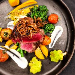 Vintage Year - Black Angus Filet with Heirloom Tomatoes, Broccolini, Romanesco, Sunchoke and Sweet Potato Puree