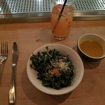 True Food Kitchen - Organic kale salad, incredible umami sauce (top-secret super dressing), and sparkling wellness tea. Dinner is off to a great start! - New American Near Me - Denver, Colorado