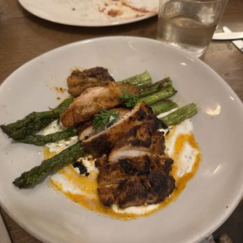 Tiny Boxwoods - Chicken Romesco, sub asparagus for masa cakes - New American Near Me - Houston, Texas
