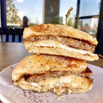 Scratch Bakery Cafe - Classic Seasoned Pork Sausage, Egg, and Cheese Breakfast Sandwich with pepper jack - Cafes Near Me - Laguna Hills, California