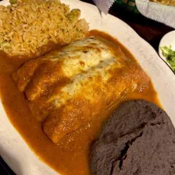 El Sarape - a plate of mexican food - A plate features an enchilada covered in sauce and melted cheese, served with rice and black beans, with chips visible in the background. - Mexican Near Me - Braintree, Massachusetts