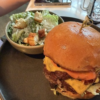 The Shelby - The Shelby burger with side Caesar salad - New American Near Me - Allentown, Pennsylvania The Shelby - The Shelby burger with side Caesar salad - New American Near Me - Allentown, Pennsylvania