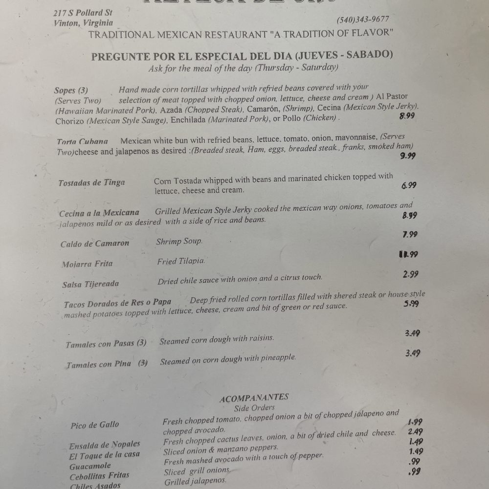 Azteca De Oro - a menu for a mexican restaurant - Grocery Near Me - Vinton, Virginia