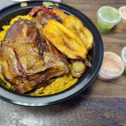 Dark Meat Chicken Stew Bowl - Maduros and Yellow Rice Dark Meat Chicken Stew Bowl - Maduros and Yellow Rice