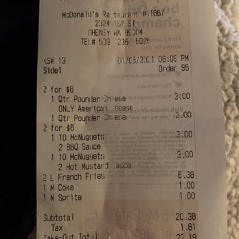 McDonald's - Our receipt with store location and time of purchase - Fast Food Near Me - Cheney, Washington