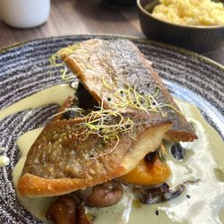 Seared arctic char - crisp skin and juicy meat with great flavors, delicious! Served with mashed plantain (06/2024)
