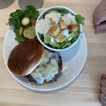 Hills Cafe - Swiss Mushroom Burger with side salad. - Cafes Near Me - Lewisville, Texas Hills Cafe - Swiss Mushroom Burger with side salad. - Cafes Near Me - Lewisville, Texas