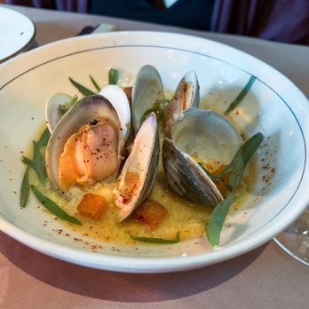 Bell's - Palourdes au Bouillon, littleneck clams, garlic tarragon broth, lemon curd, sourdough croutons - French Near Me - Los Alamos, California Bell's - Palourdes au Bouillon, littleneck clams, garlic tarragon broth, lemon curd, sourdough croutons - French Near Me - Los Alamos, California
